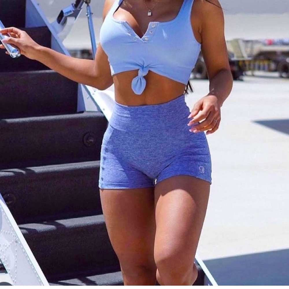 Bombshell Sportswear Curves Shorts and Braid Back Bra in Sky Blue